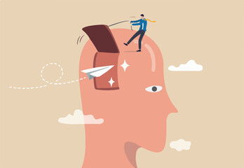 Open mind to receive new message or inspiration, free your brain to think about new idea or free your ego concept, businessman open window on human head to let origami paper airplane flying inside.