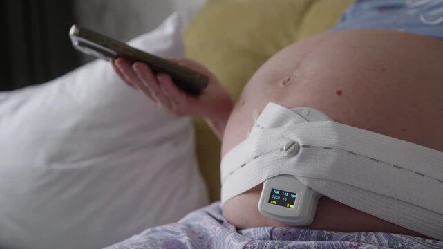 Close up of expectant mother with white belly band and digital pulse oximeter device monitoring fetal heartbeat while using phone. Prenatal care and pregnancy health tracking indoors.