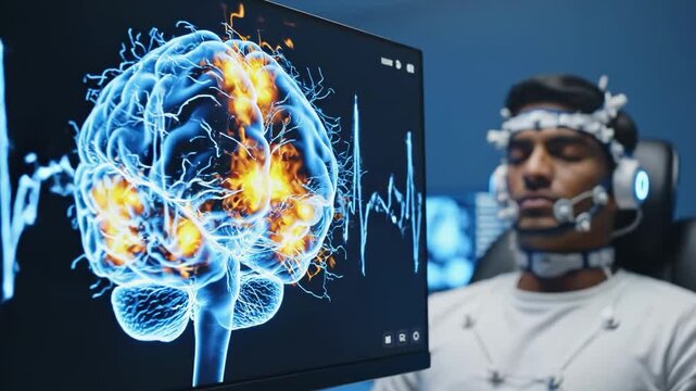 Man undergoing eeg monitoring displaying active brain activity on screen