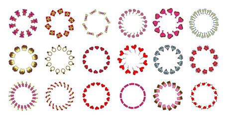 Set of cute round frames with doodle Valentine icons isolated on white background.