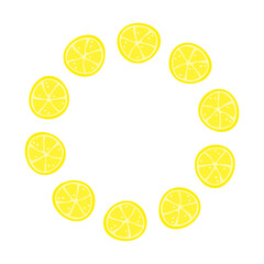 Round frame with lemon slices isolated on white background. Summer wreath with fresh ingredients and empty space for text.