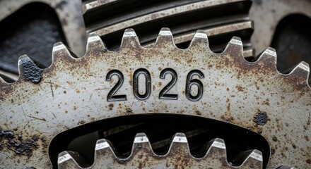 Rusty metal gears interlocked with the year 2026 engraved, symbolizing future progress and industry.