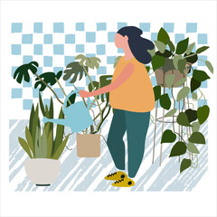 Beautiful young woman watering houseplants. Caring for indoor plants. Hobby. Vector illustration in flat style