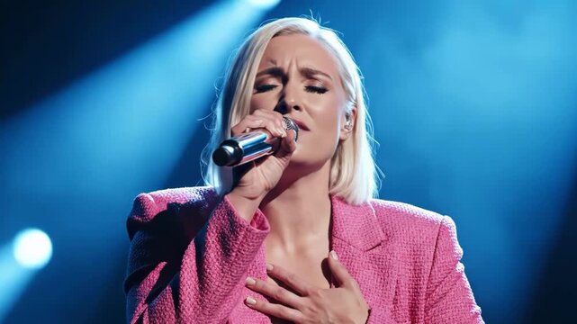 Blonde female singer performing passionately on stage with microphone