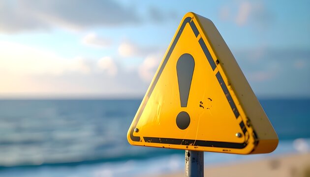 minimal close-up of a yellow exclamation warning sign on a beach background