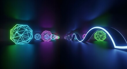 Vibrant neon light spheres and abstract architectural elements creating a futuristic tunnel