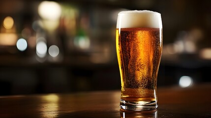 Cold Golden Lager Beer in Tall Pint Glass with Foam on Wooden Bar Table and Bokeh Background