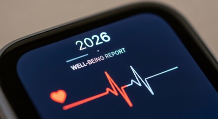 Modern smartwatch displays future health report with heart rate graph and year 2026