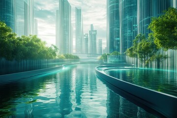 Modern cityscape featuring serene waterway with lush greenery and towering skyscrapers
