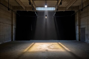 Single light bulb illuminating empty dark room