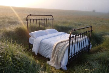 Bed placed in the middle of grassy field