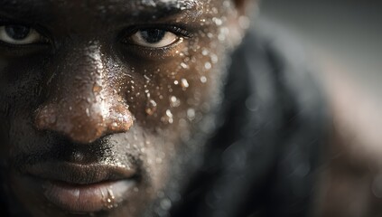 Close up on the intense face of an African American male athlete covered in sweat and water droplets from heavy rain during an intense workout