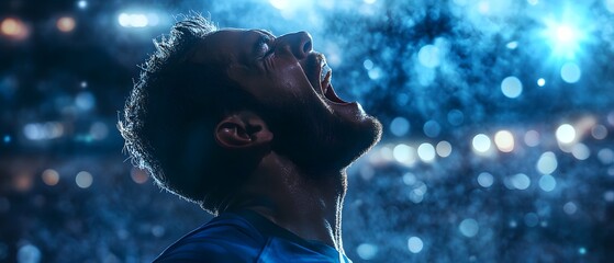 A dynamic image of a person passionately cheering in a stadium, capturing the excitement and intensity of a sporting event, with vibrant blue lights in the background.