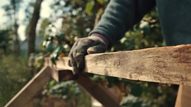 Medium shot of a worker inspecting lumber for surface defects focusing on the natural knots disrupting the wood grain