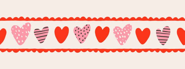 Seamless border design in hand drawn doodle style with various hearts featuring stripes, dots and spots, for romantic design stationery and decorative tape, vector illustration.