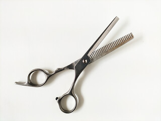 Stainless steel hair thinning scissors featuring one straight blade and one toothed blade.