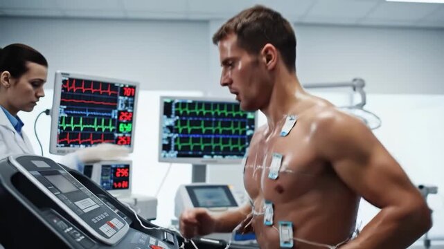 Athlete undergoing stress test with ecg monitoring in a medical setting