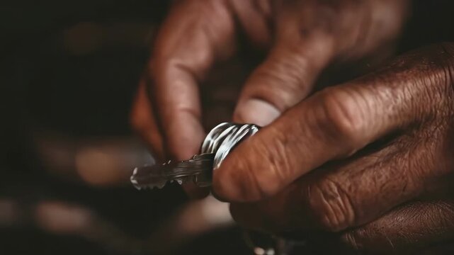 Close medium shot of a professional duplicating a vehicle key with specialized equipment emphasizing security technology in the process.