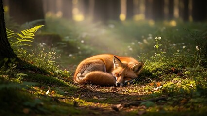 Fototapeta premium Beautiful Red Fox Sleeping Peacefully in a Sunlit Forest Glade among Ferns and Wildflowers