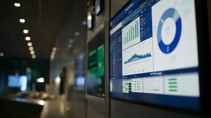 Close medium shot of a digital screen displaying waste inventory data with realtime updates in a modern waste management control room. - Powered by Adobe