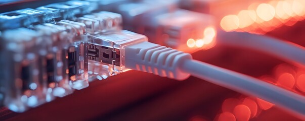 Close-up of network cables connected to a switch, glowing with red and blue lights.