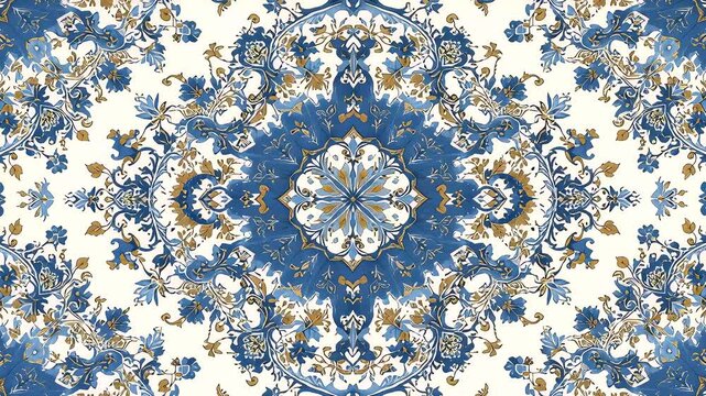 Decorative blue and gold patterned design featuring floral elements and intricate details for creative projects