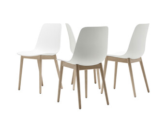 Obraz premium three minimalist scandinavian dining chairs with matte white seats and tapered wooden legs, arranged against a pure white studio background, showcasing geometric precision and aspirational luxury