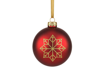Red christmas bauble with gold snowflake isolated on transparent background