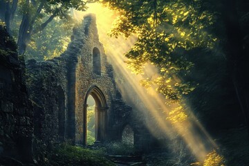 Fototapeta premium Sunlight streams through ancient ruins surrounded by lush greenery in a peaceful forest