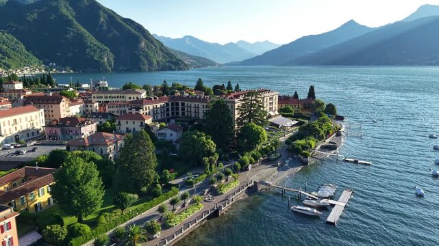 Early Morning aerial view of Bellagio and Menaggio towns on Lake Como Italy showcasing the landscape and architecture