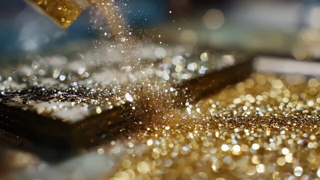 Closeup medium shot of glitter embellishments being sprinkled onto a greeting card capturing sparkling textures and intricate decorative details.
