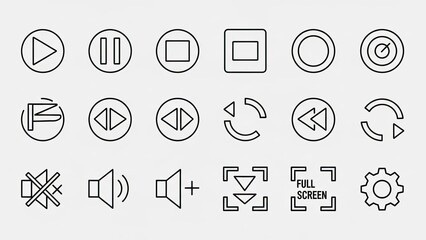Multimedia Player Icons: Play, Pause, Stop, Record, Rewind, Fast Forward, Volume, Settings