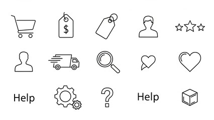 Online Shopping Icons Set: Cart, Price Tag, Delivery Truck, Search, User, Stars, Heart, Help, Box