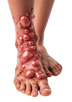 A close-up, hyperdetailed view of human feet exhibiting severe second-degree thermal burns, showing intense erythema, large bullae, and raw weeping dermal tissue on a stark white background,