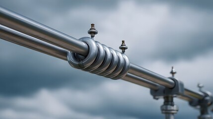 Obraz premium Detailed close up of parallel industrial metal pipes featuring a coiled connection component against a dramatic cloudy sky