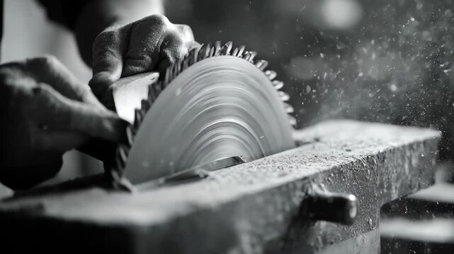 Medium shot of a worker using a whetstone to sharpen a steel saw blade emphasizing precision and manual skill in blade maintenance.