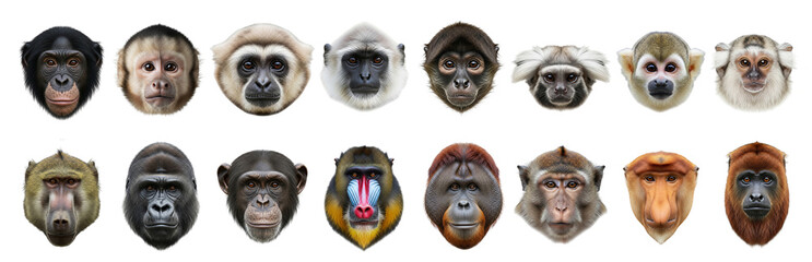 Set of monkeys portraits: Chimpanzee, Gorilla, Orangutan, Gibbon, Mandrill, Baboon, Macaque, Capuchin, Langur, Bonobo, Marmoset, Tamarin isolated on a transparent background