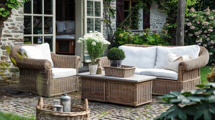 Elegant garden furniture on the terrace of a country house against the background of a green garden. A cozy outdoor seating area with wicker furniture.