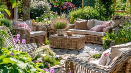 Elegant garden furniture on the terrace of a country house against the background of a green garden. A cozy outdoor seating area with wicker furniture.