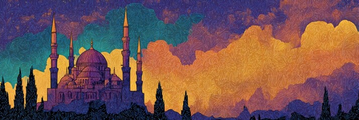mosque sunset design, stylized graphic of an ornate mosque silhouette against a sunset sky with deep purple, gold, and turquoise gradients mosque is on the left leaving most of the frame as clean
