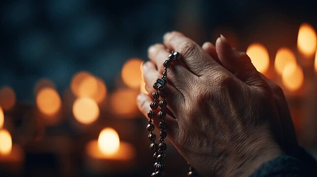 Cinematic macro of callused hands holding a rosary in prayer, with soft candle bokeh glowing in the background, conveying faith, devotion, humility, and quiet spiritual strength.