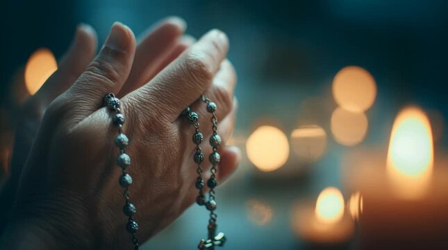 Cinematic macro of callused hands holding a rosary in prayer, with soft candle bokeh glowing in the background, conveying faith, devotion, humility, and quiet spiritual strength.