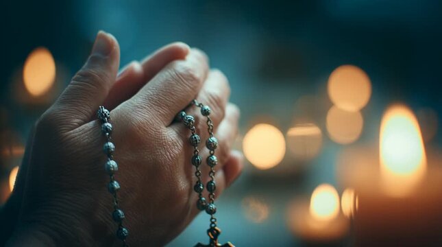 Cinematic macro of callused hands holding a rosary in prayer, with soft candle bokeh glowing in the background, conveying faith, devotion, humility, and quiet spiritual strength.