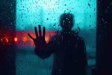 A person is standing in front of a window with raindrops on it