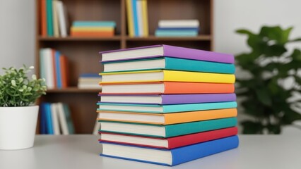 Stack of colorful books on a table with a blurred bookshelf in the background