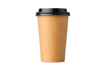 Empty kraft paper coffee cup with black lid, isolated on white background, ready for custom branding, logo mockups, and eco-friendly packaging designs