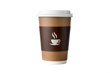 A disposable brown paper coffee cup with a white lid and a dark brown band featuring a white icon of a steaming cup on a pure white background, perfect for branding and design mockups