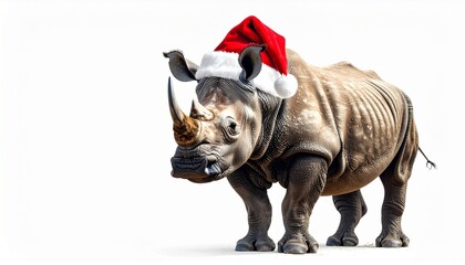 "A rhinoceros wearing a Santa hat and golden party hat stands proudly against a snowy white backdrop, radiating holiday whimsy."