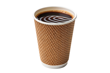 A warm, dark brew served in a disposable coffee cup with a textured brown sleeve, perfect for a morning pick-me-up or a comforting beverage on the go