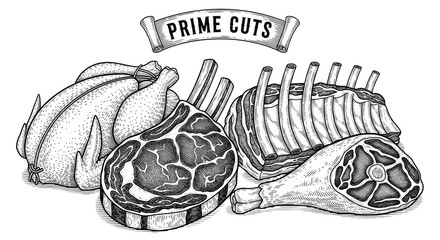 a detailed monochromatic woodcut engraving featuring raw prime meat cuts (chicken, ribeye, pork ribs, leg of lamb) grouped beneath a decorative banner, conveying traditional butcher craftsmanship